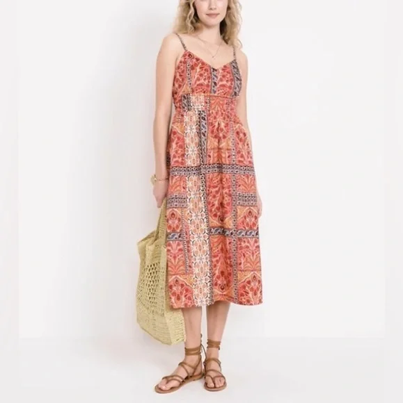 Old Navy Women's Waist-Defined Cami Midi Beach Sun Dress Pink Paisley Medium - Picture 1 of 12